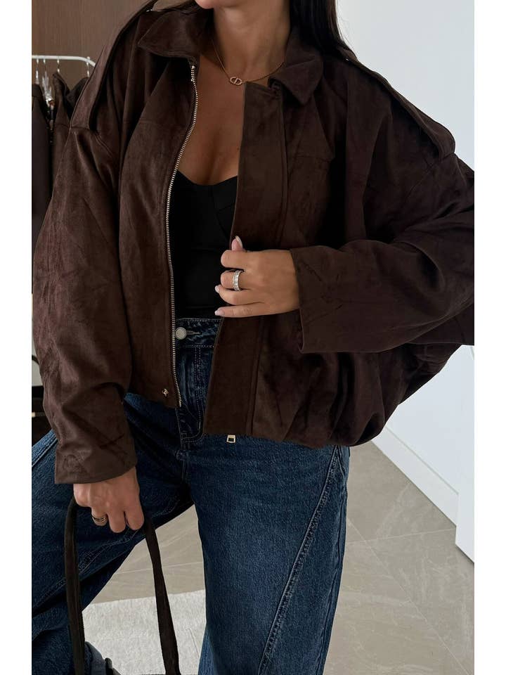Chocolate Anika Oversized Suede Bomber Jacket-Chocolate for wholesale on Faire1