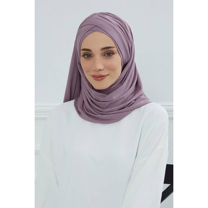 Aisha's Design - Wholesale Hijab - Women's - Comfortable Cross Stitched Jersey Shawl Practical Cotton Hijab for Women, Front Cross-Stitched Shirred Jersey Hijab Shawl,CPS-4532