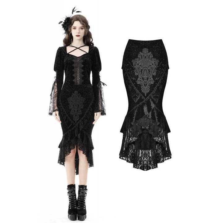Dark In Love Zira Velvet Fishtail Skirt for wholesale by Necessary Evil (Kate's Clothing Ltd T/As)
