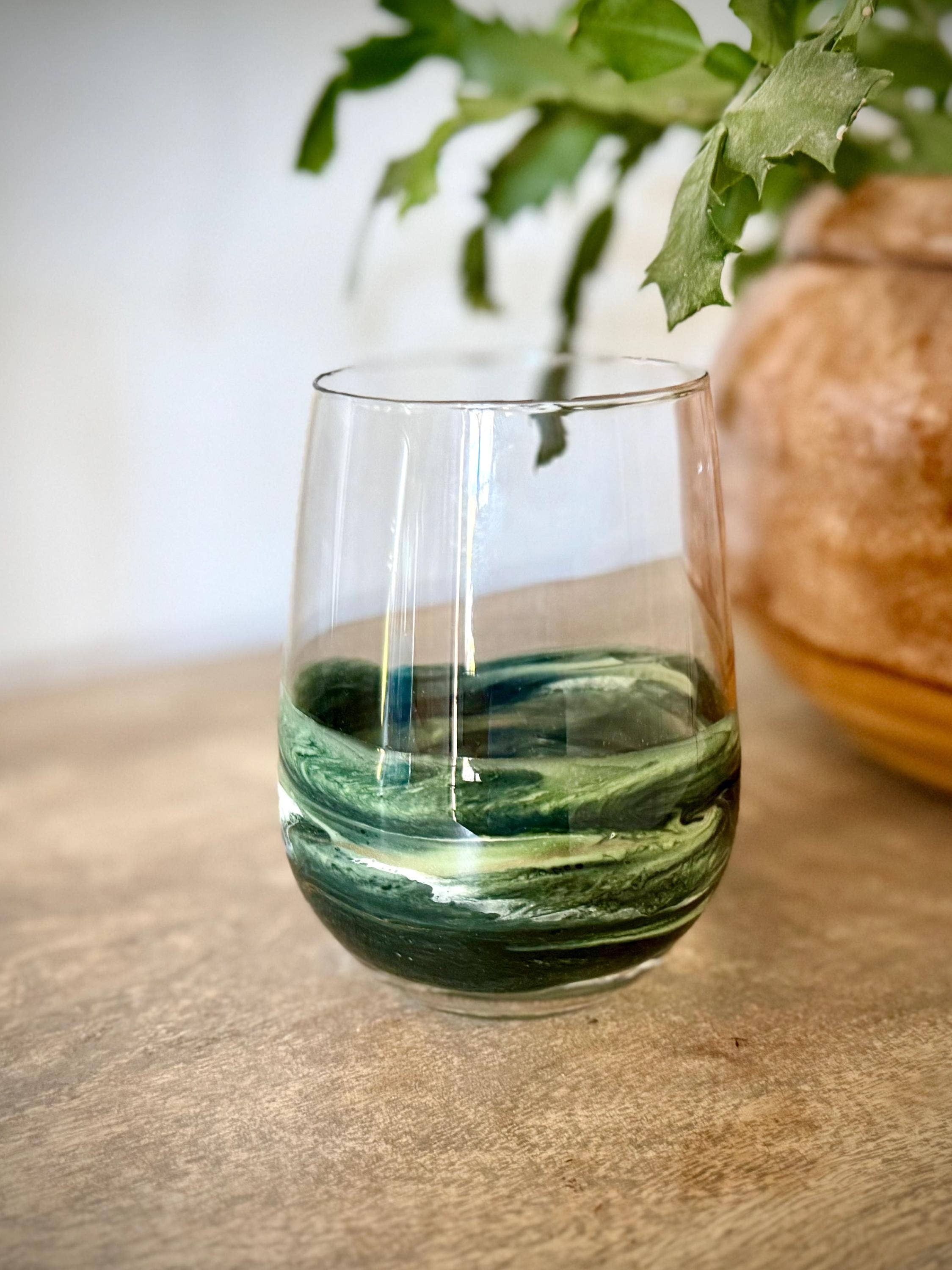 Artful Nests - Wholesale Wine Glass - Stemless Wine Glass - Holiday Green Glassware - Gift for Host Wine5