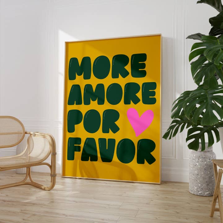 More Amore Por Favor Print Typography Quote Poster Wall Prints Home Decor Mustard Green for wholesale by House of Binky