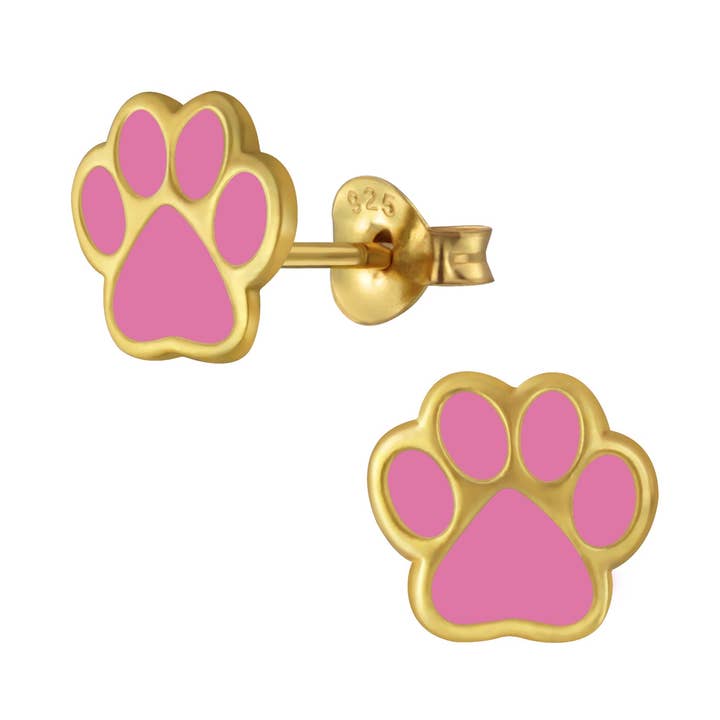Orecchini per bambini, a forma di zampa di cane, placcati in oro, rosa, 9 mm, argento sterling 925 lucido per la vendita all'ingrosso da parte di LIV & LENN