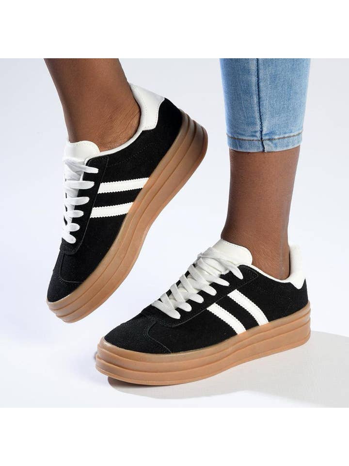 No Doubt Shoes - Vente Baskets tendance – femme - BASKETS ÉPAISSES FAUSSES POUR FEMMES À SEMELLE GOMME CONTRASTÉE À DOUBLE RAYURE