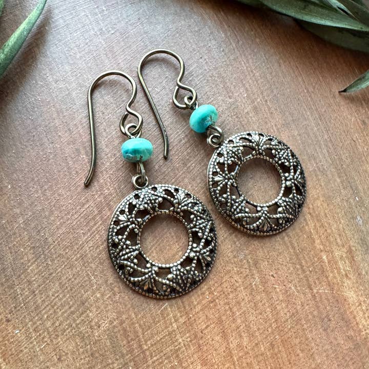 Filigree Hoop Copper Earrings - Turquoise & Teal Swirl Bead for wholesale by Vintage Earth