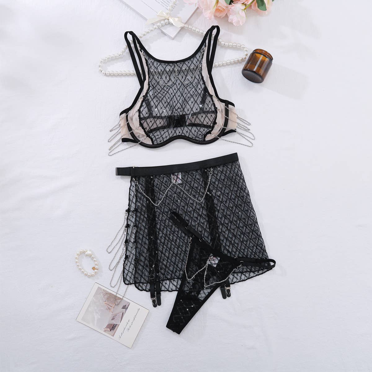 Sort Sexet netkæde gennemsigtig kort nederdel undertøjssæt for engroshandel på Faire0