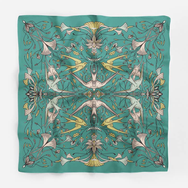 ‘Swallow Nouveau’ Pure Silk Twill Scarf for wholesale by Mimi&Bloom