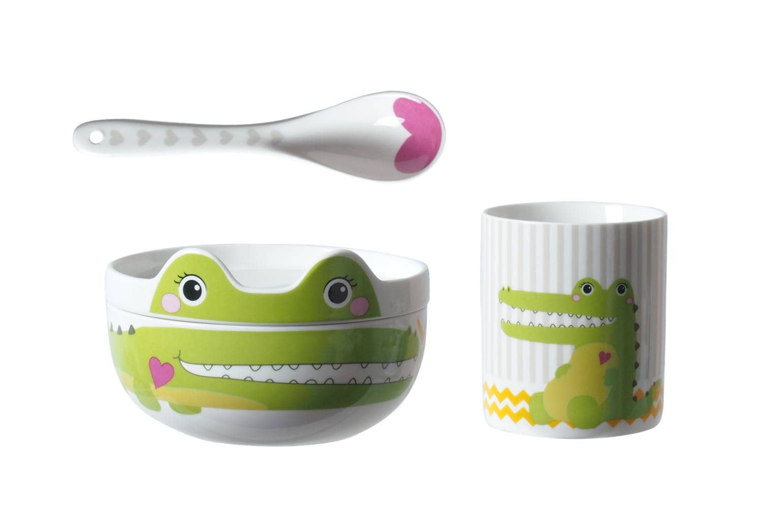 Silly Design - Venta al por mayor Conjunto de cubiertos - Niños y bebés - Happy crocodile - juego de cena, juego de desayuno, 4 piezas, porcelana2