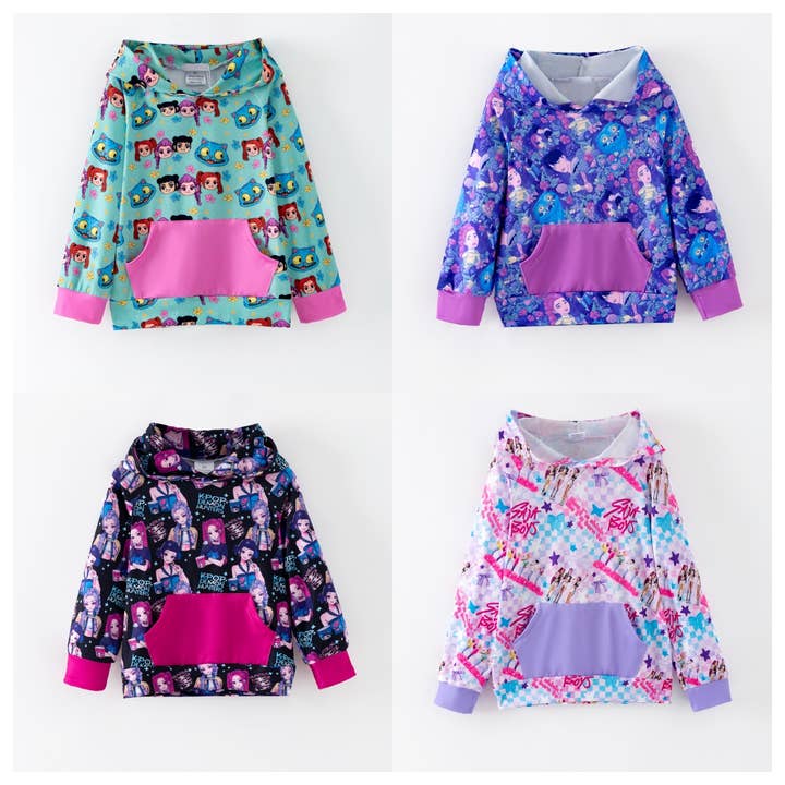 Vinter Kpop Demon Hunter Print Langærmede Hættetrøjer med Lommer til Børn for engroshandel hos Auraquise