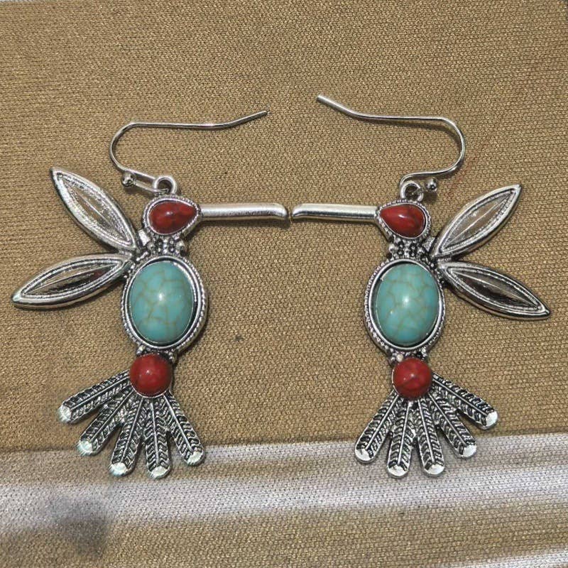 Silver Boho Turquoise & Red Stones Hummingbird Drop Earrings for wholesale on Faire1