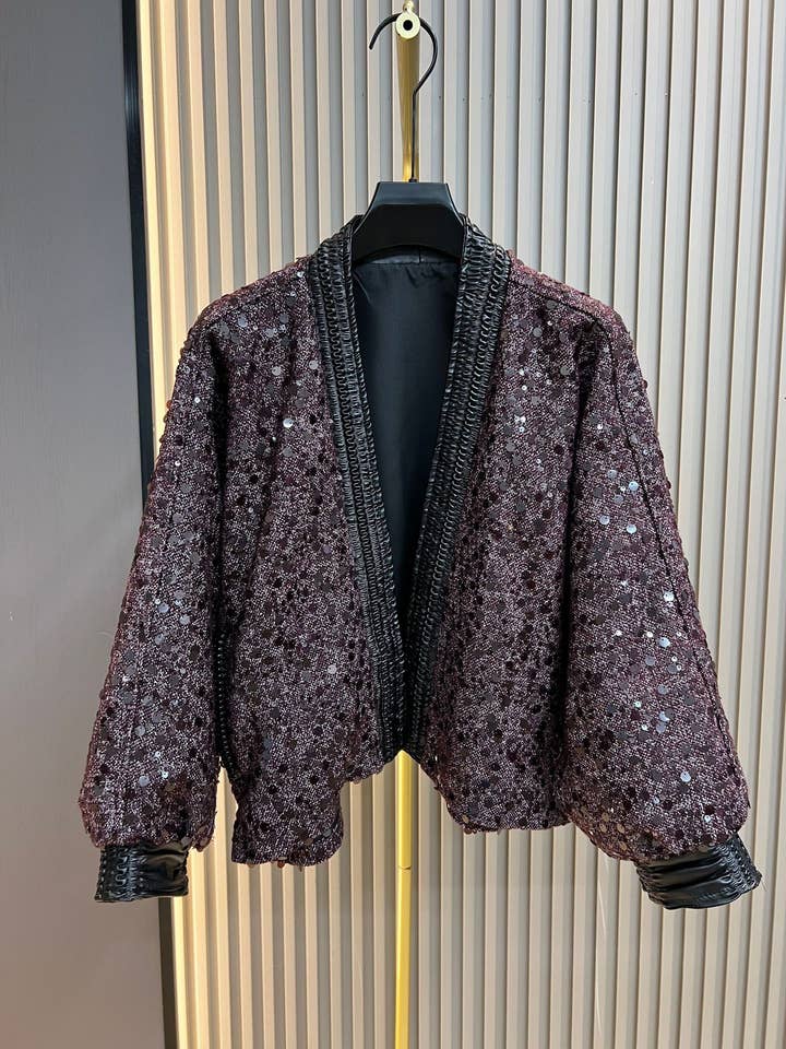 Purple SY515 Sequin Panel Open-Front Jacket with Contrast Trim for wholesale on Faire2