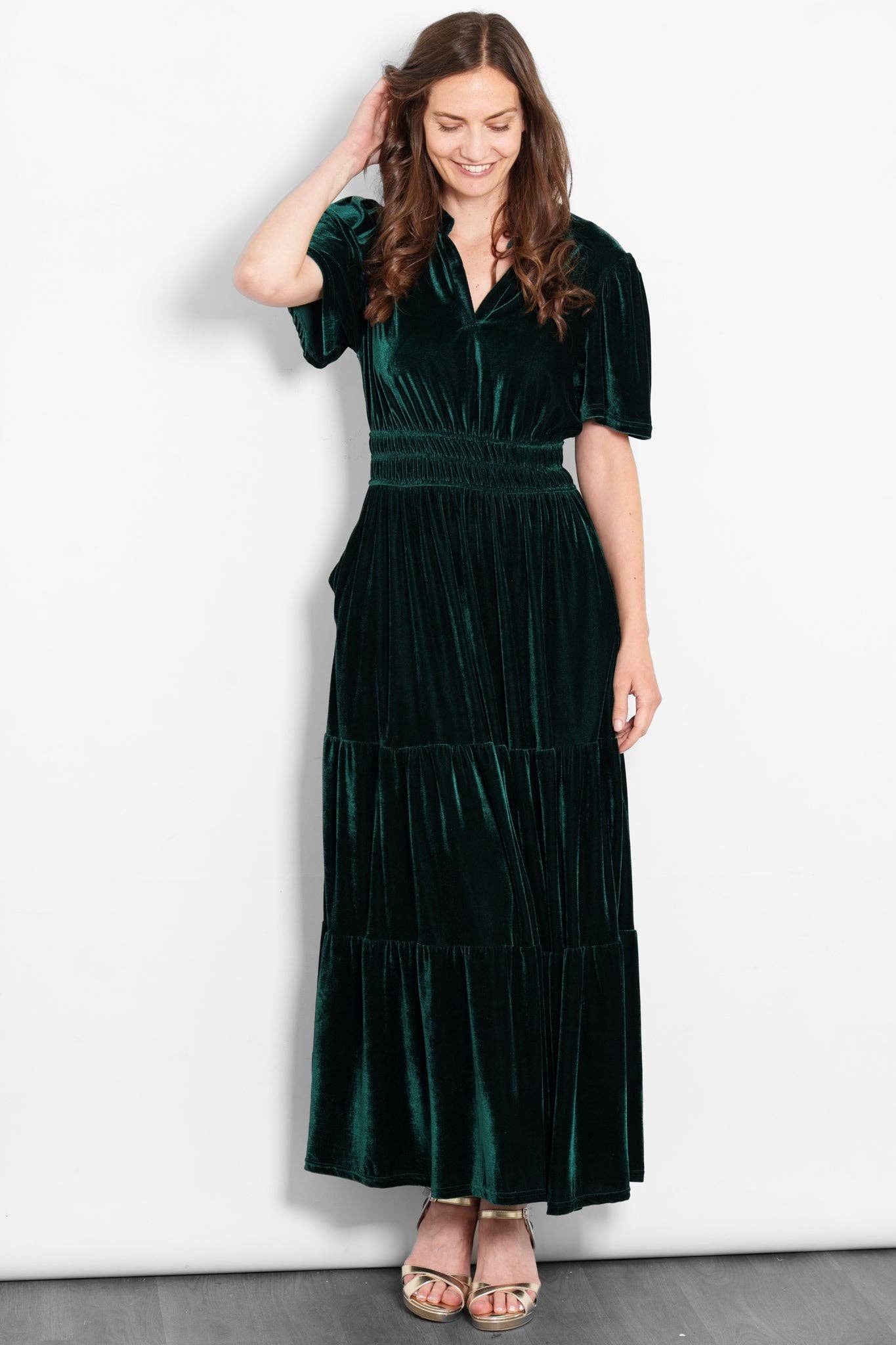 Sarta - Wholesale Dress - Women's - Roxy Tiered Maxi Dress- Green, Velvet