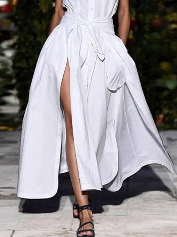 WHITE Cap Sleeve Loose Buttoned Solid Color Split-Joint Tied Waist Round-Neck Maxi Dresses Shirt Dress for wholesale on Faire