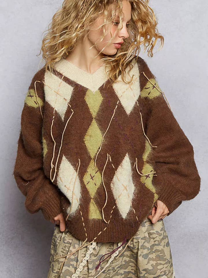 MOCHA POL V-Neck Argyle Pattern Mohair Sweater with Contrast Exposed Stitch Detail for wholesale on Faire9