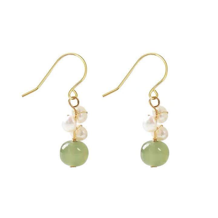 Haengseongworkshop - Wholesale Dangle Earrings - 18K Gold Plated Freshwater Pearls Hetian Jade Dangle Earrings