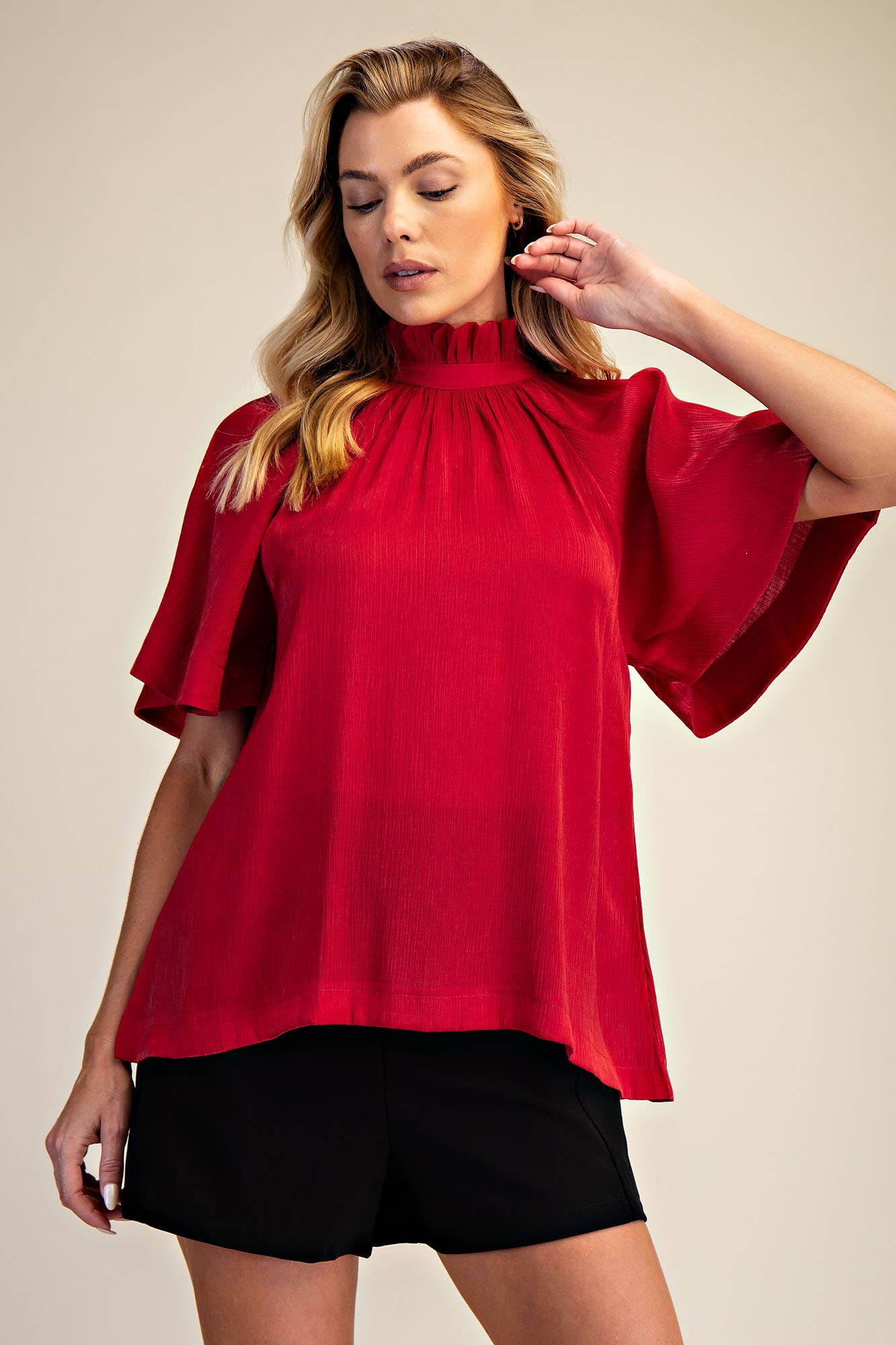 Glam - Wholesale Blouse - Women's - Ruffle Neck Raglan Sleeve Blouse
