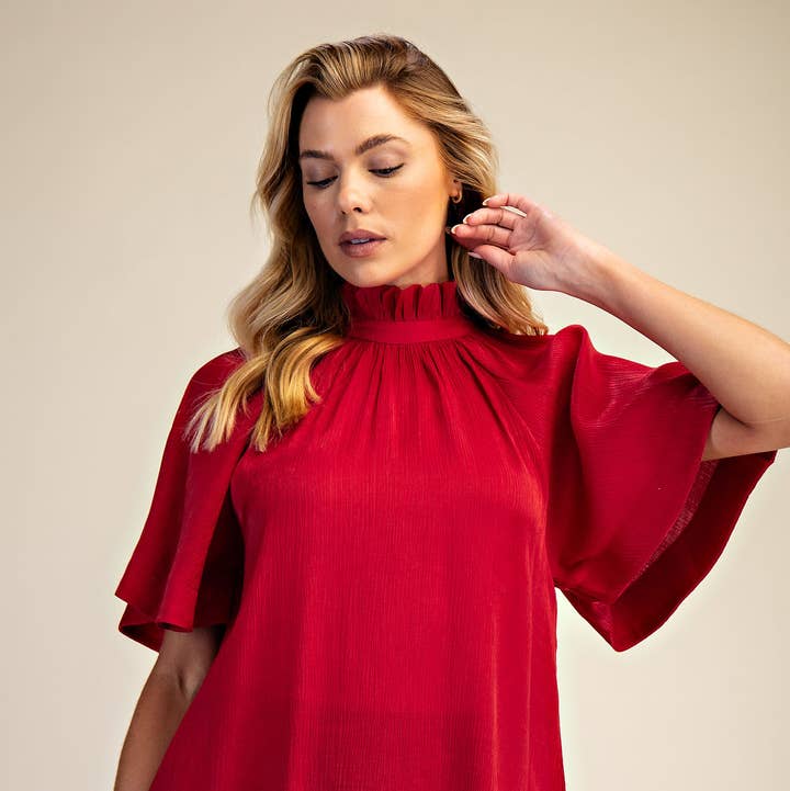 Glam - Wholesale Blouse - Women's - Ruffle Neck Raglan Sleeve Blouse0