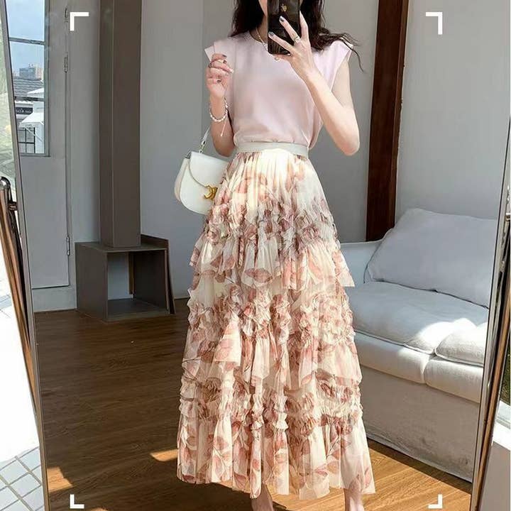 ACCITY - Wholesale Skirt - Women's - LAYERING TULLE SKIRTS WITH FLORAL PRINTS_CWBLS040019