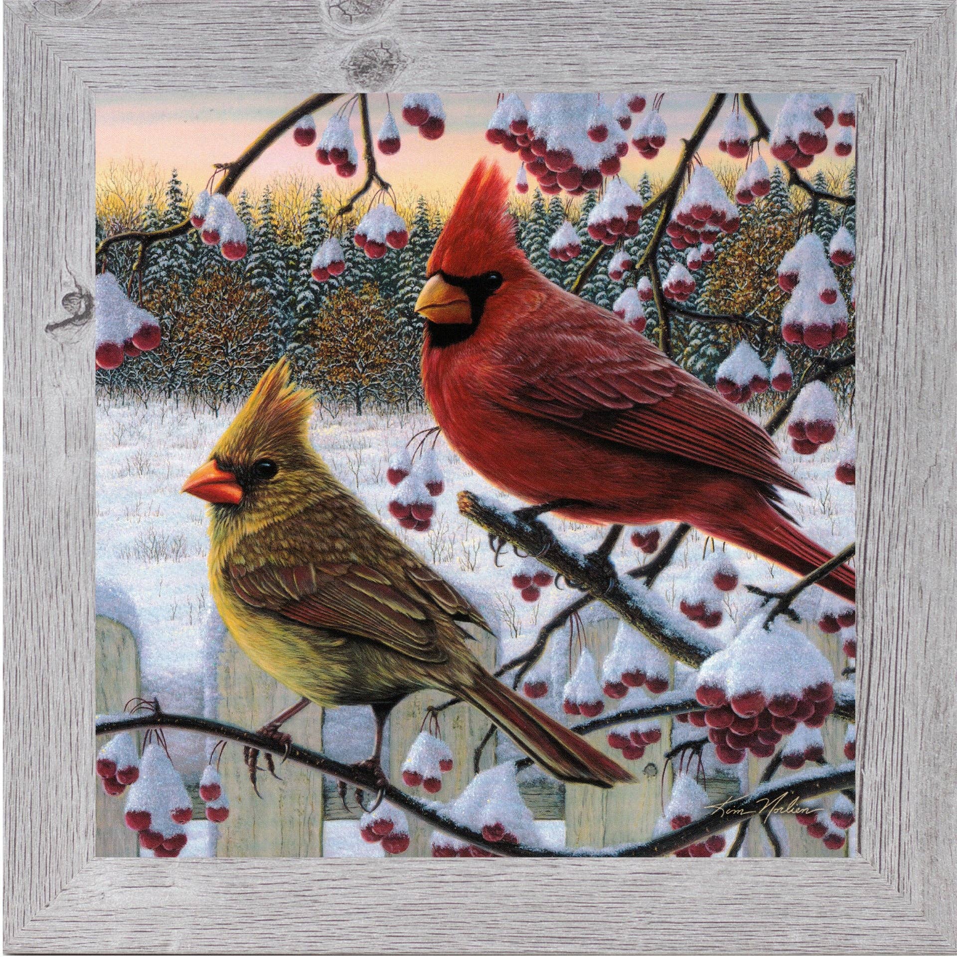 Summer Snow Art - Wholesale Christmas Wall Art - Winter Cardinals Kim Norlien Art Winter Glitter Sign2