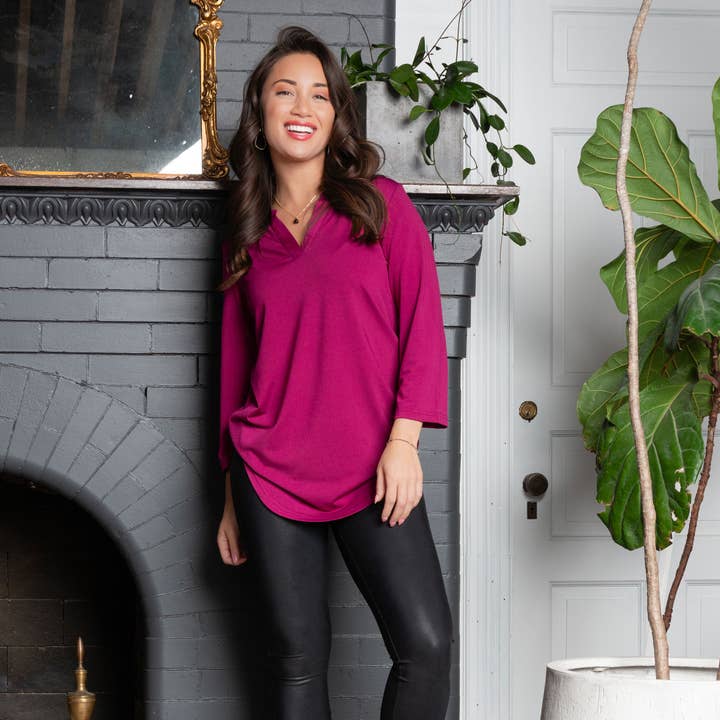 Daisy 3/4 Sleeve V-Neck Jersey Everyday Tunic Blouse Shirt for wholesale by Howard's