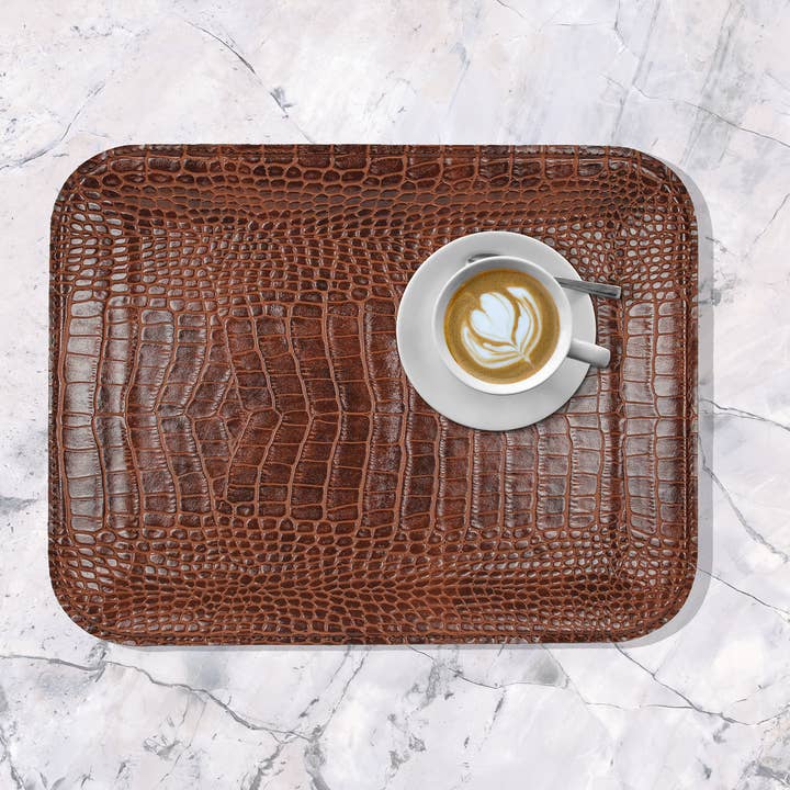 Small flat crocodile tray, light brown, artificial leather for serving for wholesale by Signature Home Collection GmbH