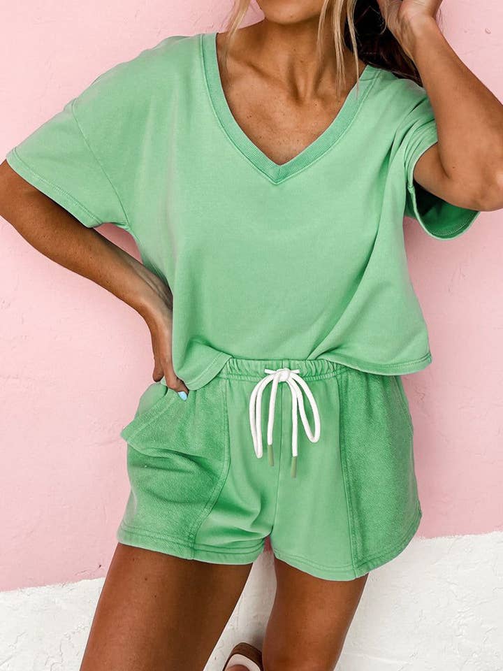 Lovesoft - Wholesale Lounge Set - Women's - Mint Green V Neck Drop Shoulder Tee and Patchwork Drawstring Shorts Set