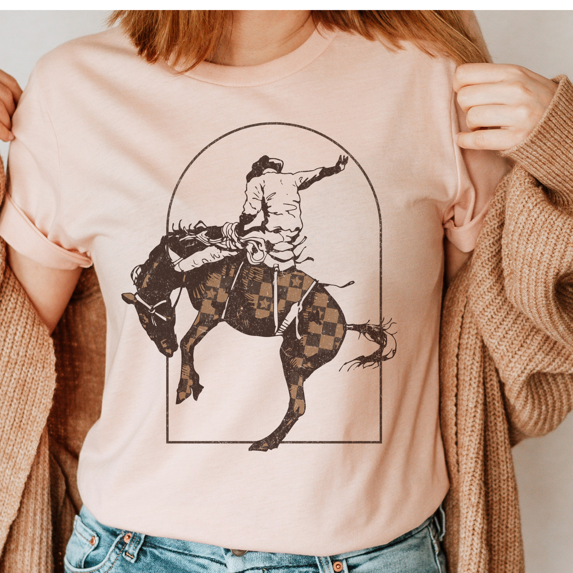 Par.tees by Party On! - Vente T-shirt à imprimés – unisexe - T-shirt graphique de ranch avec cheval à carreaux Western Bronco Cowboy4