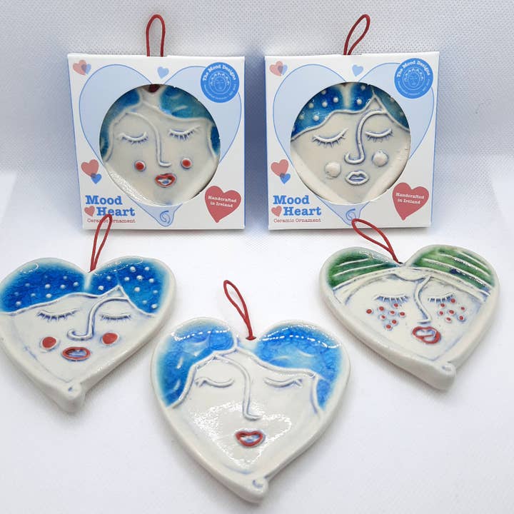 Face Ceramic Heart Ornament Handmade Irish Mood Heart for wholesale by The Mood Designs Ceramics Limited