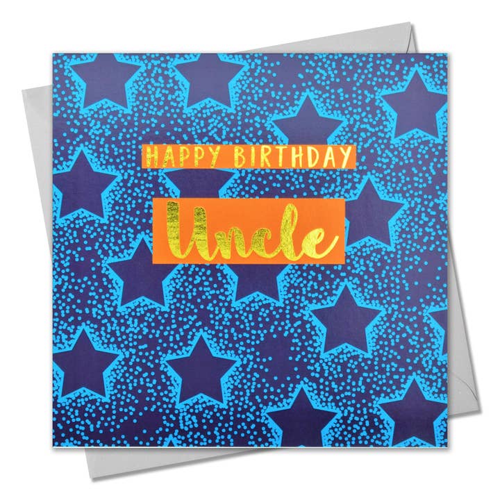Carte d'anniversaire, Oncle Blue Stars, Happy Birthday Uncle, texte doré brillant pour la vente par Claire Giles Ltd
