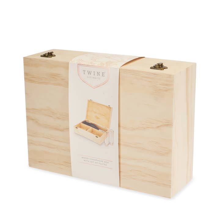 Twine - Wholesale Gift Box - Wood Champagne Gift Box w/ 2 Stemless Flutes - "Congrats"