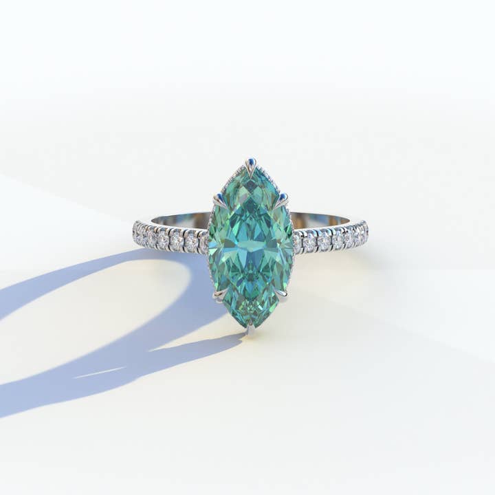3 Ct Green Marquise Cut Lab Diamond In Hidden Halo & Pave Setting Ring - Charlotte for wholesale by Mohana Jewels - Luxury