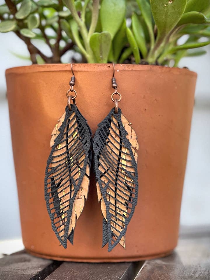 3 Layer Leather Feather Earrings, Boho Earrings, Layered Lea for wholesale by Charlie James Artisan Boutique