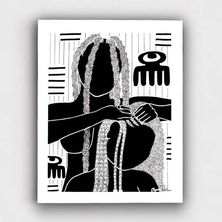 Hair Braiding Art Print: Feminine Energy Stippling Line Art for wholesale by Solo Souls