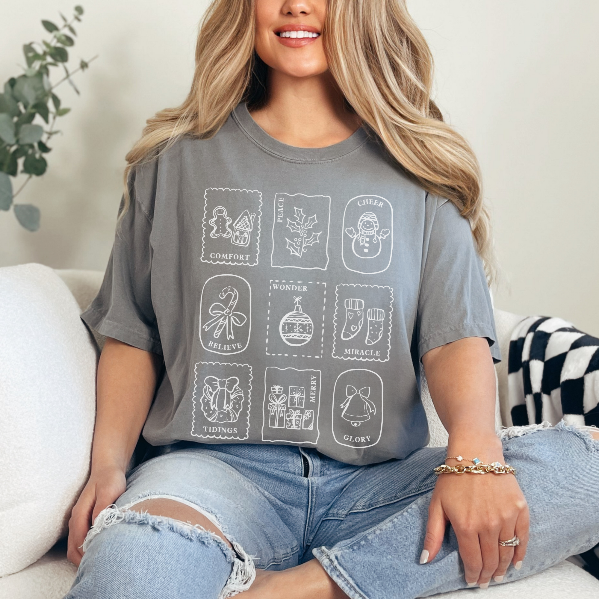 Scripted Pearl - Wholesale Screen Printed T-Shirt - Women's - Christmas Stamps Comfort Colors Holiday Graphic T Shirt9