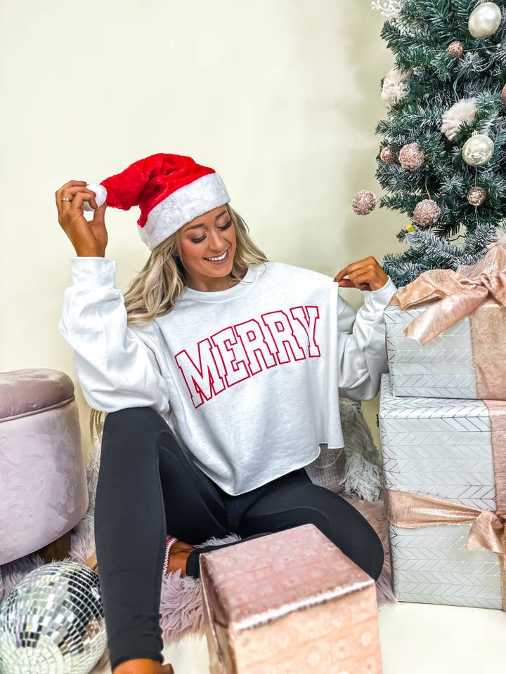 birdie - Wholesale Graphic Sweatshirt - Women's - Merry White Cropped Crewneck Graphic Christmas Sweatshirt