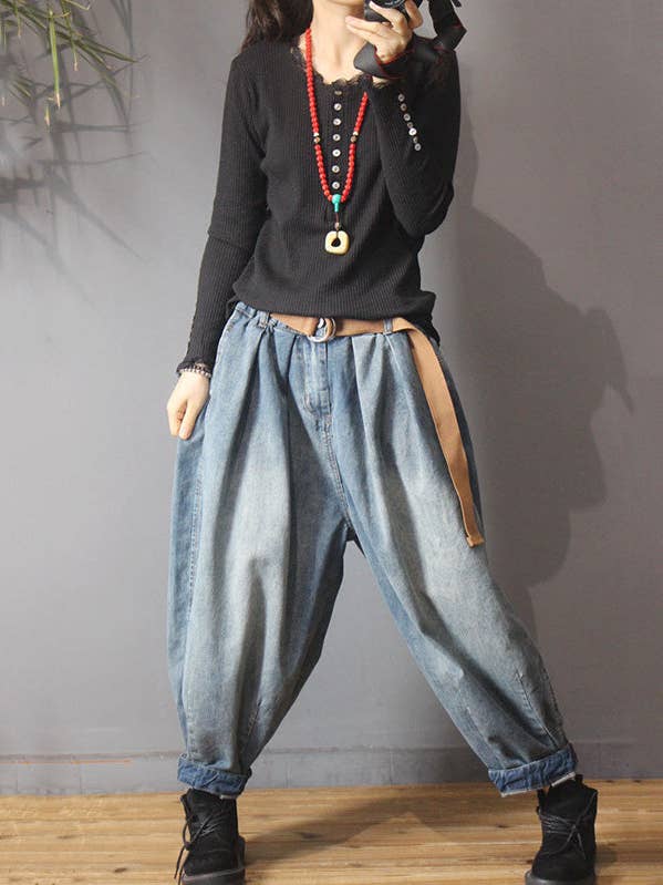 BLÅ Vintage Denim Lös elastisk midja Bloomers Byxor för wholesale på Faire