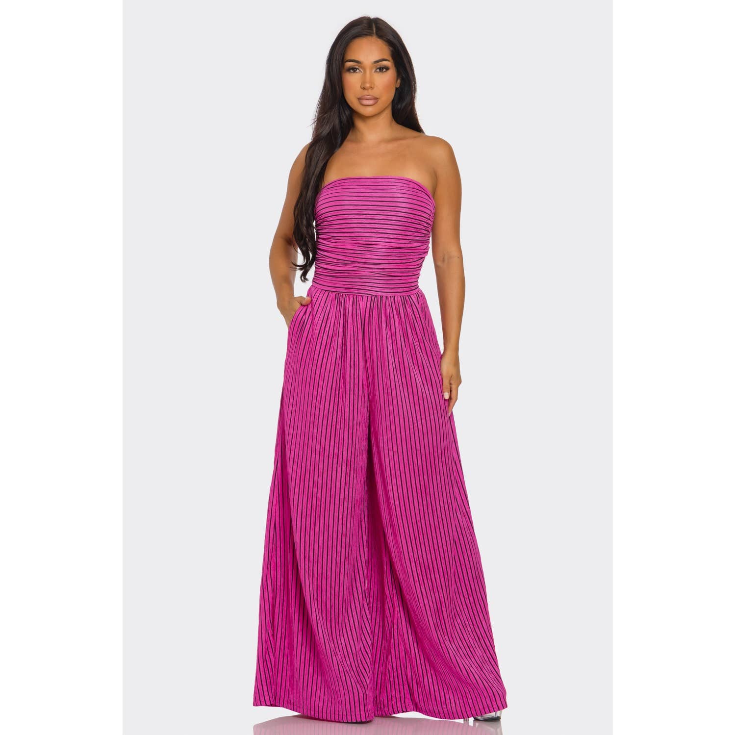 ITSSY - Wholesale Jumpsuit - Women's - Striped Strapless Pleated Wide Leg Jumpsuit8