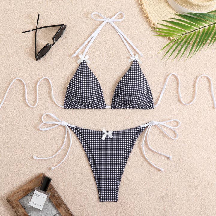 HIDDENBRAND - Wholesale Two Piece Swimsuit - Women's - Check Bow Sexy Split Bikini Swimsuit5