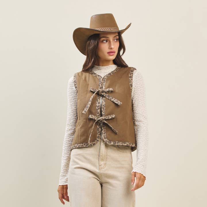 MOCHA Leopard trim padded vest for wholesale on Faire2