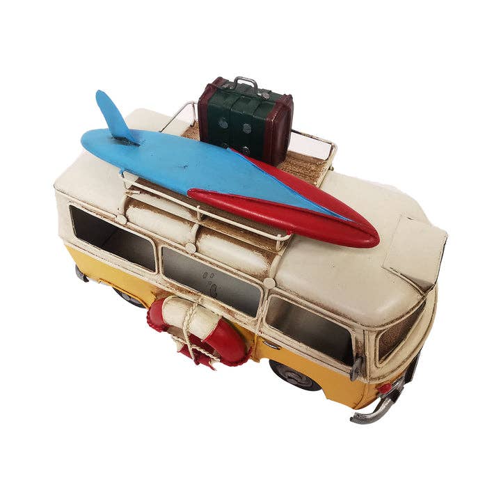 Peterson Housewares & Artwares - Wholesale Decorative Tabletop Object - VW Yellow Metal Bus with Board and luggage