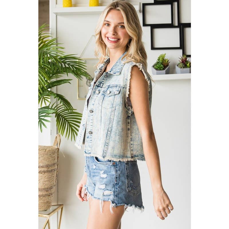 Veveret – Großhandel Oberbekleidungsweste – Damen – Jeansweste mit Strassstreifen und färbiger Waschung7