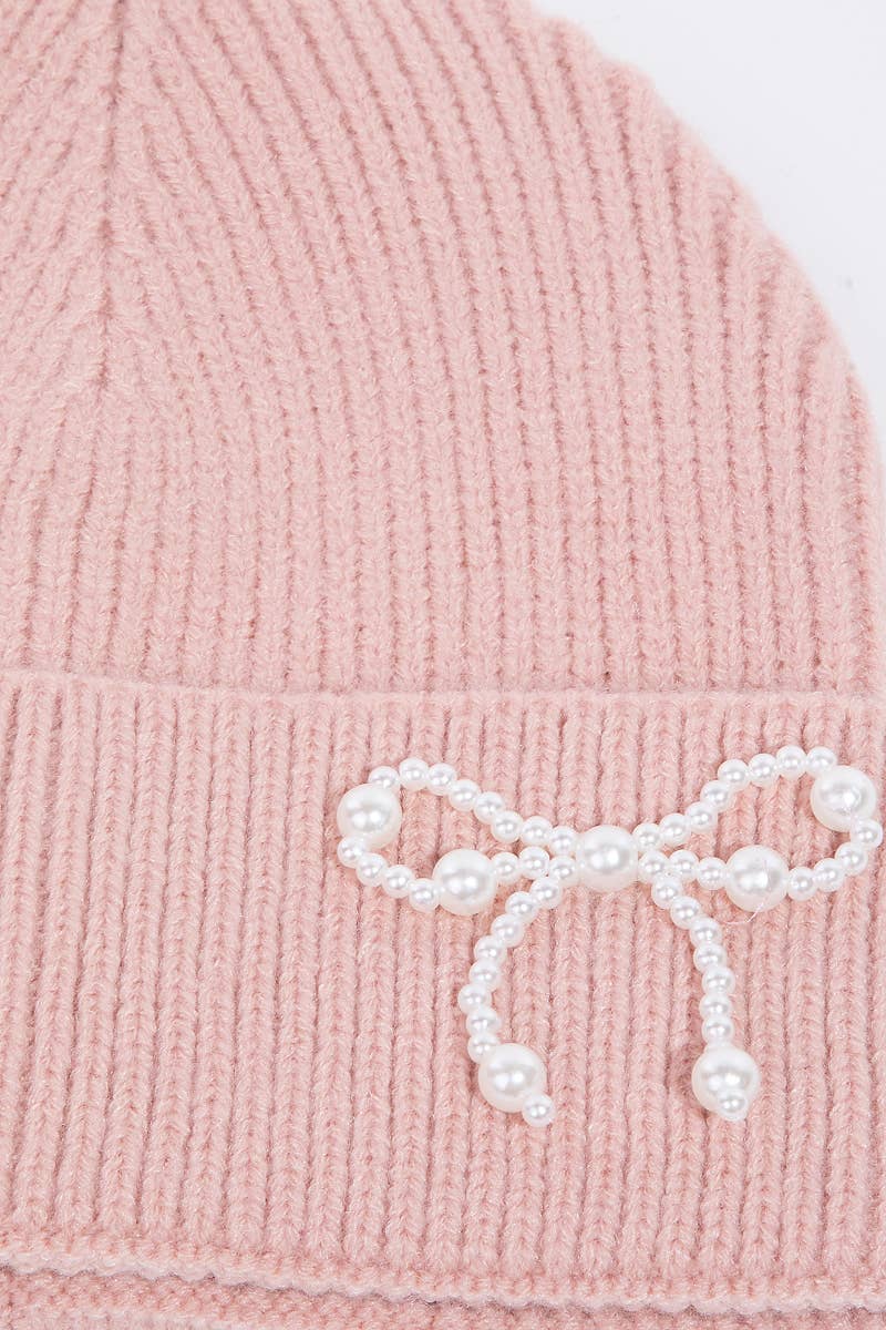 Collections by Fame Accessories - Wholesale Beanie - Women's - Pearl Beaded Ribbon Bow Charm Knitted Beanie5