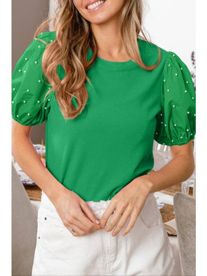 Bright Green Pearl Beaded Puff Sleeve Top for wholesale on Faire