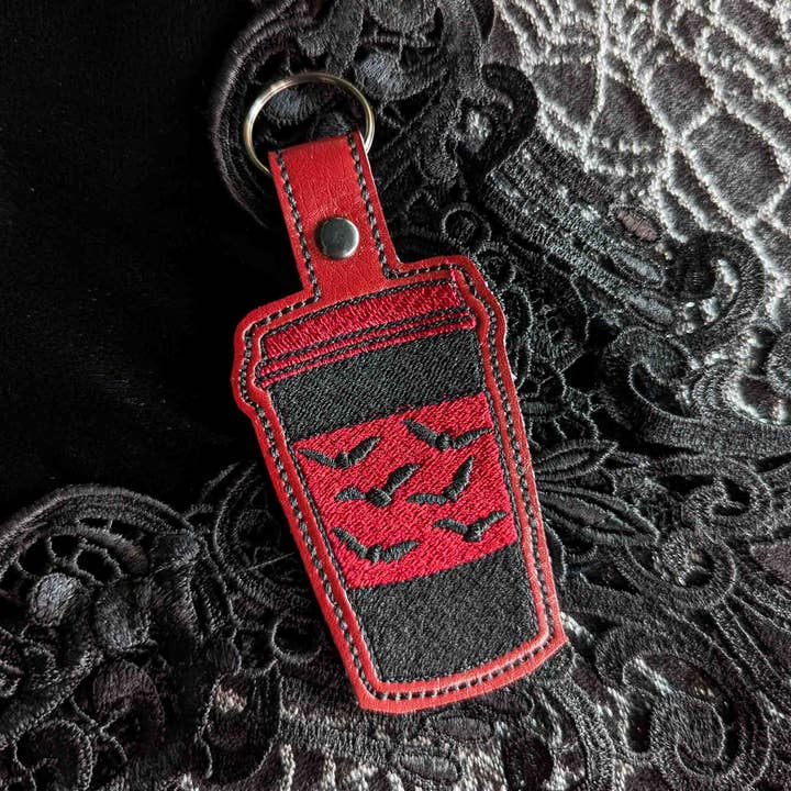 Red and Black Bat Coffee Cup Embroidered Keychain - Black and Red Vinyl with Gunmetal Hardware for wholesale by Project Pinup