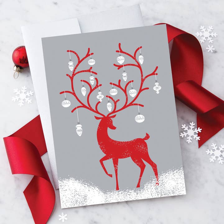 Reindeer With Ornaments - 8 Boxed Holiday Greeting Cards for wholesale by Design With Heart