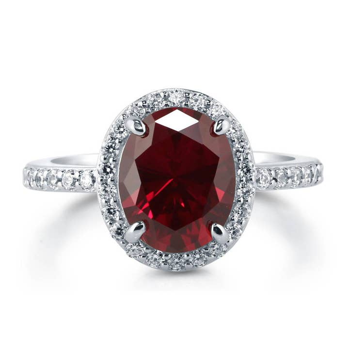 Bague de fiançailles en argent sterling BERRICLE avec halo et zircon cubique rouge rubis pour la vente par BERRICLE