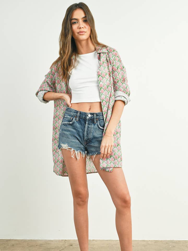 Fall Oversized Button Down Collared Shirt - BMJ7381 for wholesale by BUTTERMELON