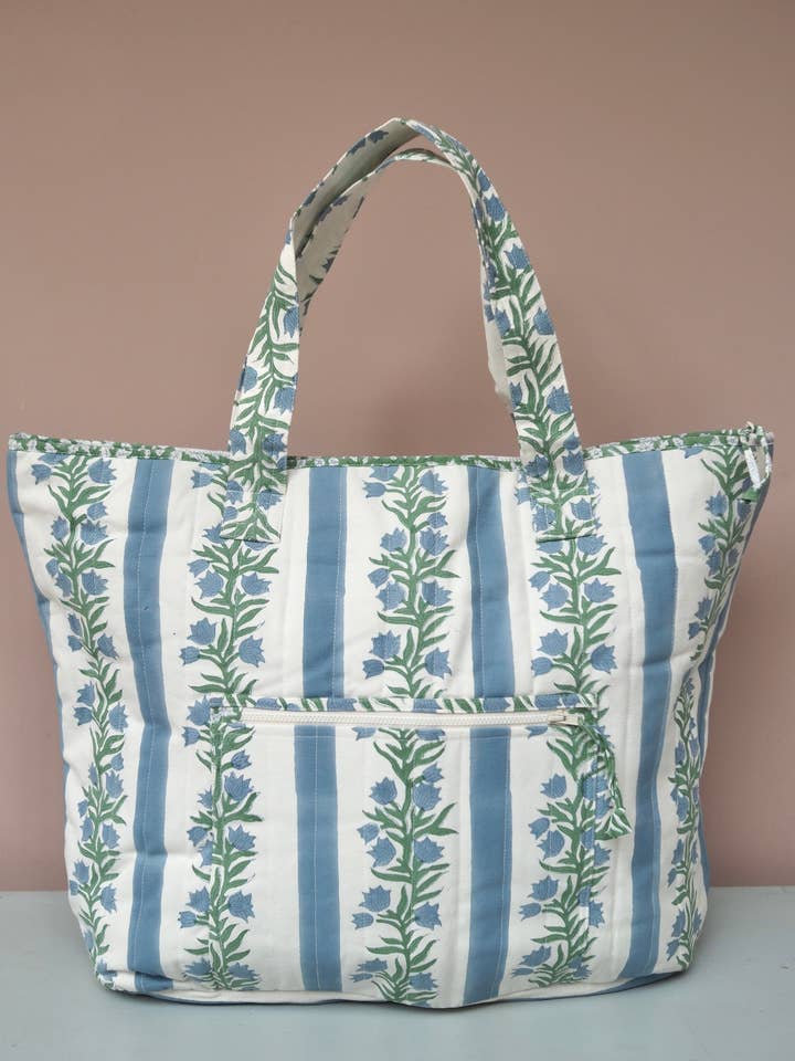 The Amba Bag – Quilted Cotton Canvas Tote (Blue / Green) for wholesale by Kapara London