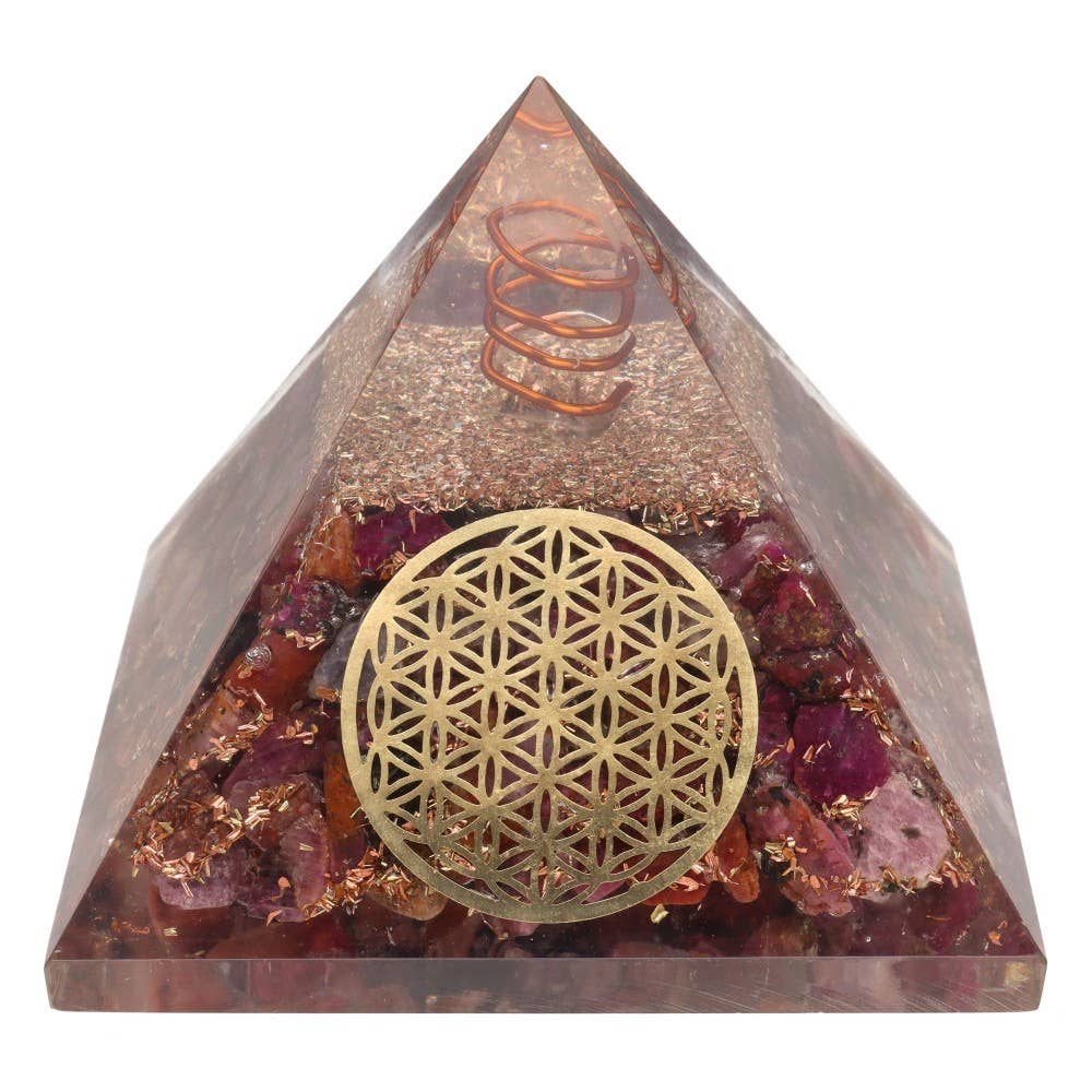 Vives de la Cortada S.L - Wholesale Spiritual Stone/Crystal - Ruby Orgonite Pyramid in Resin with Flower of Life 7x7cm0