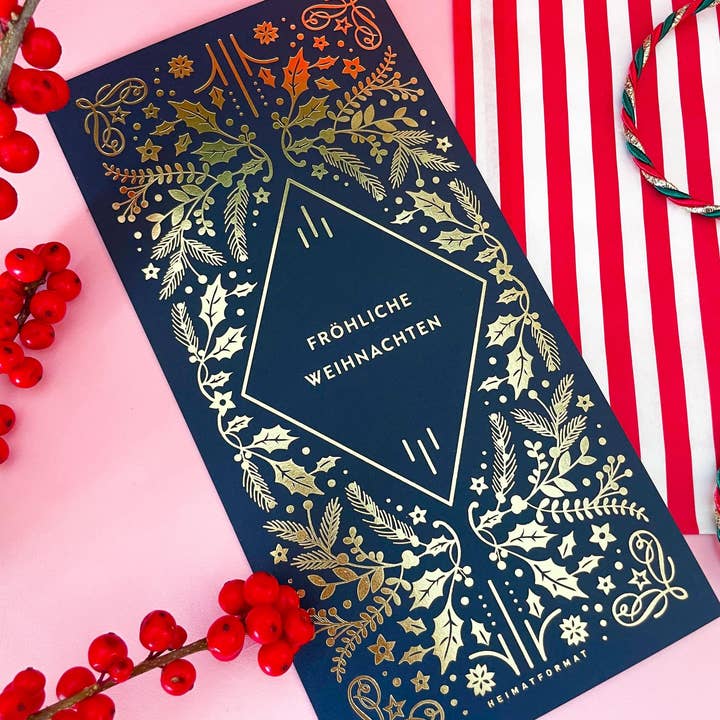 Christmas card ornament modern, noble, dark blue, gold for wholesale by Heimatformat