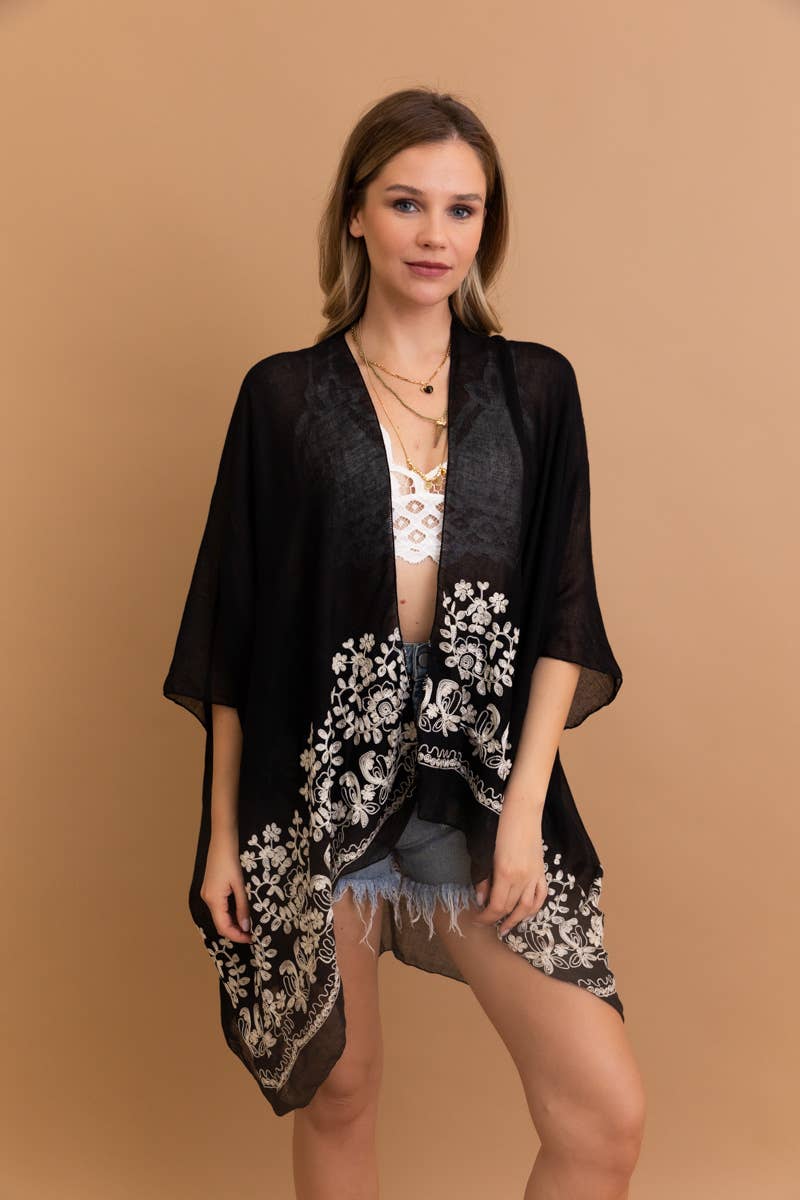 Leto Accessories - Vente Kimono – femme - Kimono brodé floral style bohème chic avec détails en points et pompons 🌼20